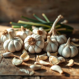 A stunning background image featuring an arrangement of garlic heads and garlic cloves on a rustic wooden table