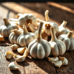 A stunning background image featuring an arrangement of garlic heads and garlic cloves on a rustic wooden table