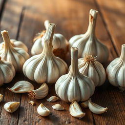 A stunning background image featuring an arrangement of garlic heads and garlic cloves on a rustic wooden table