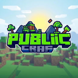 A vibrant and engaging logo designed for a Minecraft server called 'Public Craft'