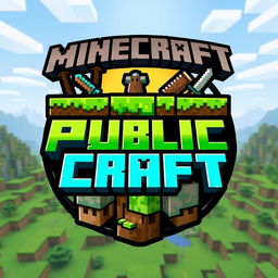 A vibrant and engaging logo designed for a Minecraft server called 'Public Craft'