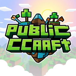 A vibrant and engaging logo designed for a Minecraft server called 'Public Craft'