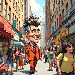 A caricature of a fictional character inspired by a political figure, humorously depicted walking in a busy urban street