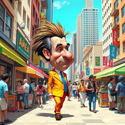A caricature of a fictional character inspired by a political figure, humorously depicted walking in a busy urban street