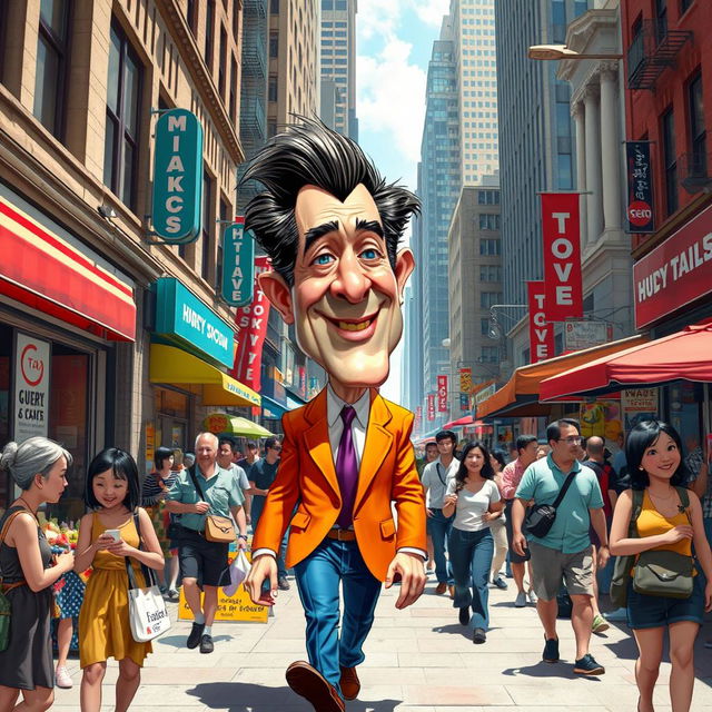 A caricature of a fictional character inspired by a political figure, humorously depicted walking in a busy urban street