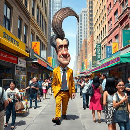 A caricature of a fictional character inspired by a political figure, humorously depicted walking in a busy urban street