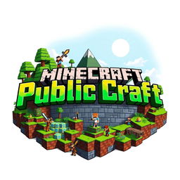 An intricately detailed and visually captivating logo for a Minecraft server named 'Public Craft'