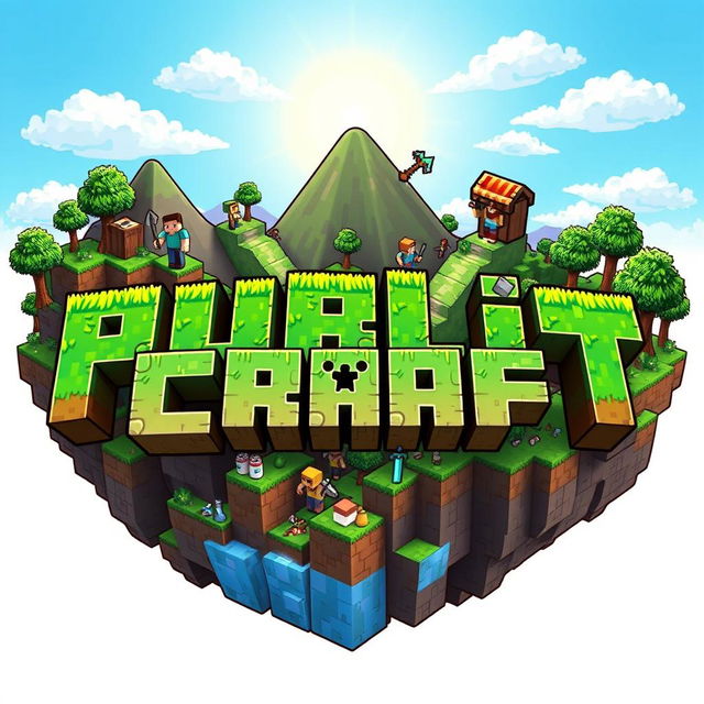 An intricately detailed and visually captivating logo for a Minecraft server named 'Public Craft'