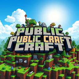An intricately detailed and visually captivating logo for a Minecraft server named 'Public Craft'