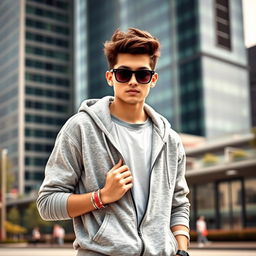 A fashionable person wearing a stylish grey hoodie, standing in an urban setting with a modern cityscape in the background