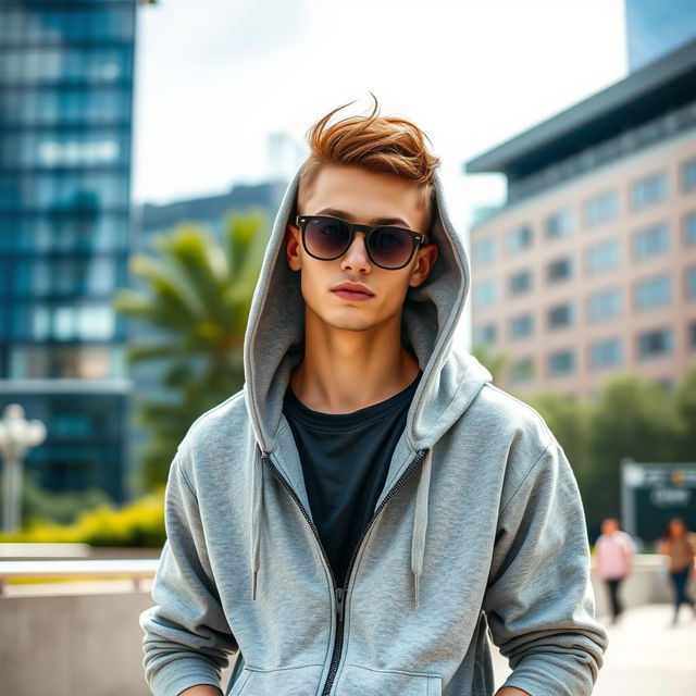 A fashionable person wearing a stylish grey hoodie, standing in an urban setting with a modern cityscape in the background