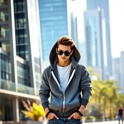 A fashionable person wearing a stylish grey hoodie, standing in an urban setting with a modern cityscape in the background