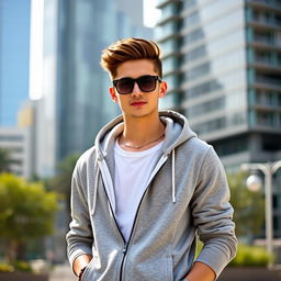 A fashionable person wearing a stylish grey hoodie, standing in an urban setting with a modern cityscape in the background