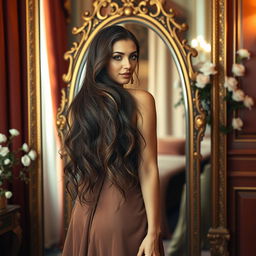 A stunning woman with long flowing hair, wearing an elegant evening gown, standing before a large ornate mirror