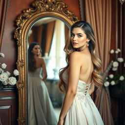 A stunning woman with long flowing hair, wearing an elegant evening gown, standing before a large ornate mirror