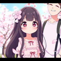 A shy anime girl with large, expressive eyes and a cute, timid expression standing next to a person