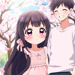 A shy anime girl with large, expressive eyes and a cute, timid expression standing next to a person