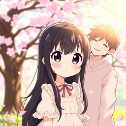 A shy anime girl with large, expressive eyes and a cute, timid expression standing next to a person