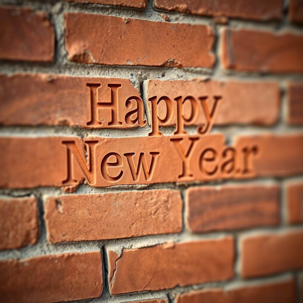 A close-up view of a brick wall featuring the text 'Happy New Year' intricately engraved into the surface