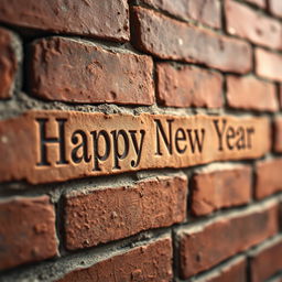 A close-up view of a brick wall featuring the text 'Happy New Year' intricately engraved into the surface