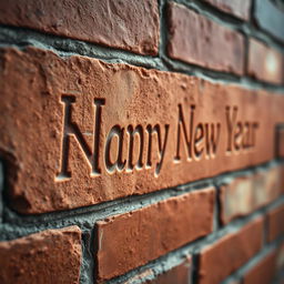 A close-up view of a brick wall featuring the text 'Happy New Year' intricately engraved into the surface