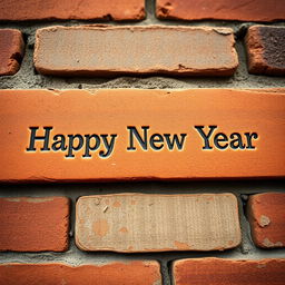 A close-up view of a brick wall featuring the text 'Happy New Year' intricately engraved into the surface
