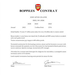 A detailed sports contract for a football player named Broz, playing for Arsenal
