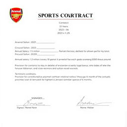 A detailed sports contract for a football player named Broz, playing for Arsenal