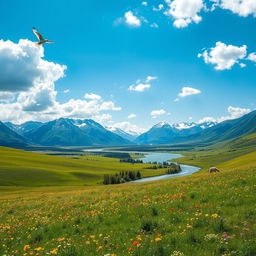 An expansive and vibrant landscape featuring a lush green meadow sprinkled with colorful wildflowers under a bright blue sky with fluffy white clouds