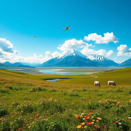 An expansive and vibrant landscape featuring a lush green meadow sprinkled with colorful wildflowers under a bright blue sky with fluffy white clouds