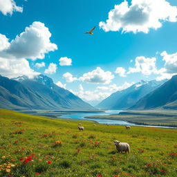 An expansive and vibrant landscape featuring a lush green meadow sprinkled with colorful wildflowers under a bright blue sky with fluffy white clouds