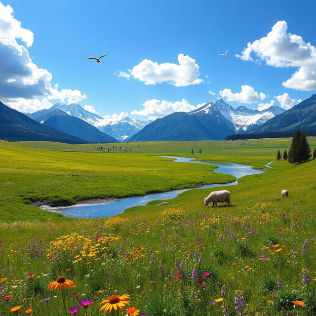 An expansive and vibrant landscape featuring a lush green meadow sprinkled with colorful wildflowers under a bright blue sky with fluffy white clouds