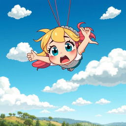 A cartoon character resembling a whimsical, animated girl with a surprised and scared expression, falling from the sky surrounded by fluffy clouds and a bright blue sky