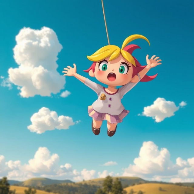 A cartoon character resembling a whimsical, animated girl with a surprised and scared expression, falling from the sky surrounded by fluffy clouds and a bright blue sky