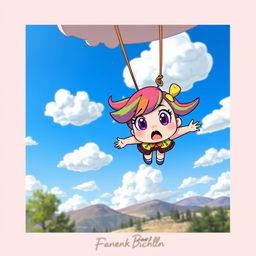 A cartoon character resembling a whimsical, animated girl with a surprised and scared expression, falling from the sky surrounded by fluffy clouds and a bright blue sky