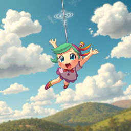 A cartoon character resembling a whimsical, animated girl with a surprised and scared expression, falling from the sky surrounded by fluffy clouds and a bright blue sky