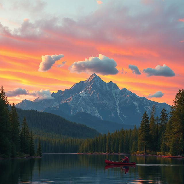 A serene landscape featuring a picturesque mountain range during sunset, with warm orange and pink hues in the sky