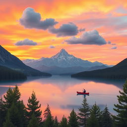A serene landscape featuring a picturesque mountain range during sunset, with warm orange and pink hues in the sky