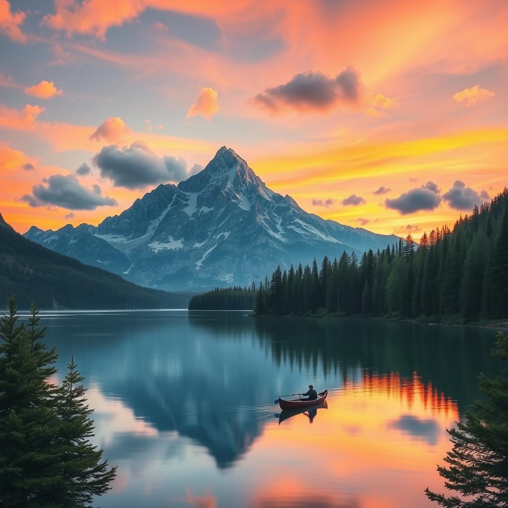 A serene landscape featuring a picturesque mountain range during sunset, with warm orange and pink hues in the sky