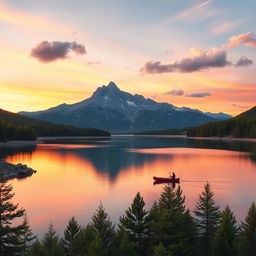 A serene landscape featuring a picturesque mountain range during sunset, with warm orange and pink hues in the sky
