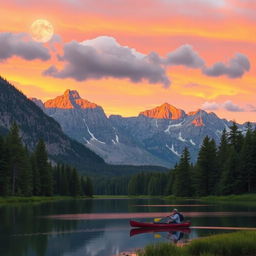 A serene landscape featuring a picturesque mountain range during sunset, with warm orange and pink hues in the sky