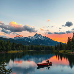 A serene landscape featuring a picturesque mountain range during sunset, with warm orange and pink hues in the sky