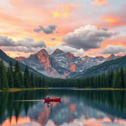 A serene landscape featuring a picturesque mountain range during sunset, with warm orange and pink hues in the sky