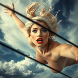 A sexy blonde nude woman with blue eyes and red lips, her expression showing fear, gracefully falling from the sky