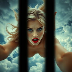 A sexy blonde nude woman with blue eyes and red lips, her expression showing fear, gracefully falling from the sky