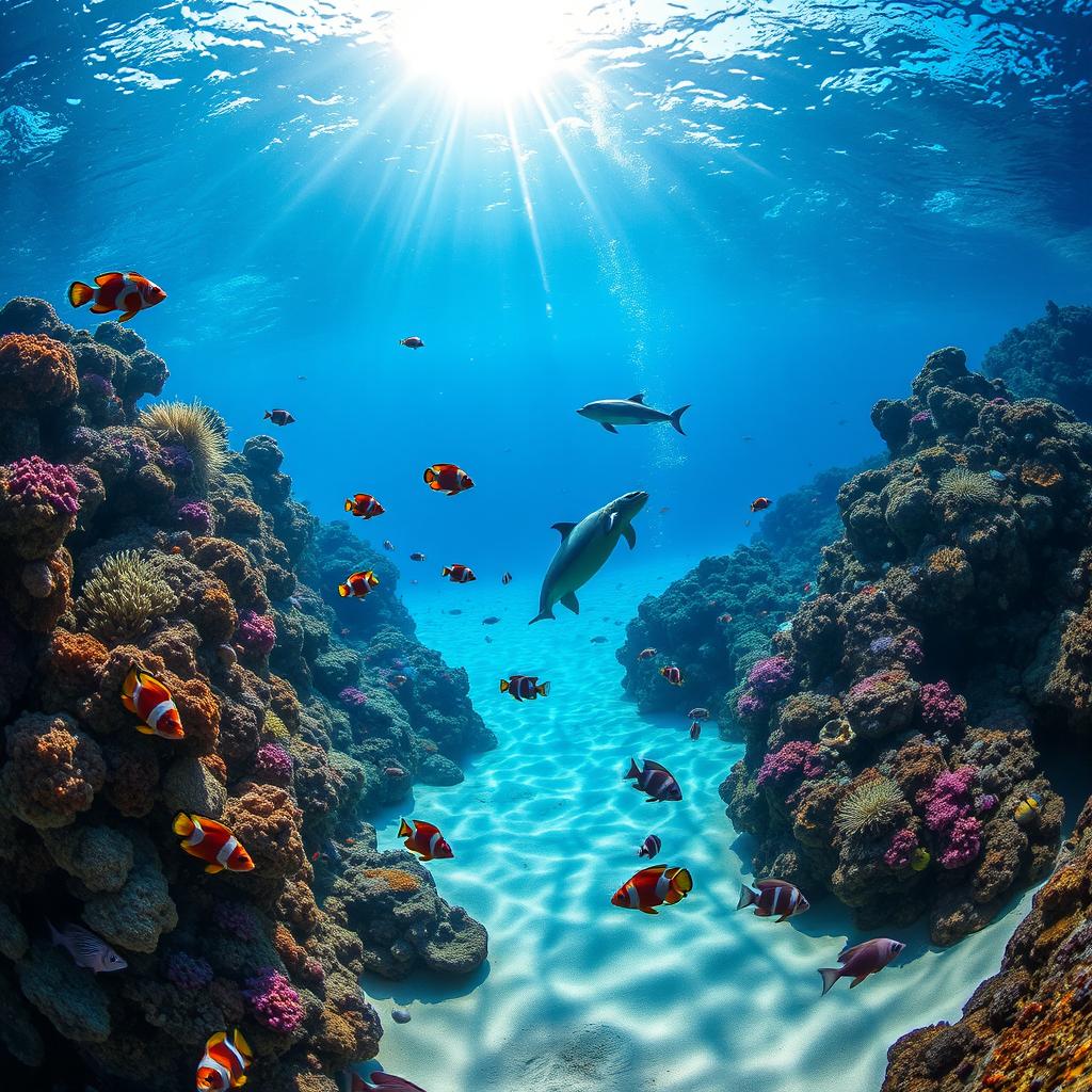 A vibrant underwater scene featuring a diverse coral reef teeming with colorful fish, such as clownfish, angelfish, and butterflyfish, swimming gracefully around the corals