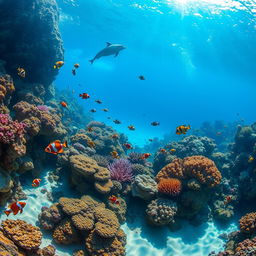 A vibrant underwater scene featuring a diverse coral reef teeming with colorful fish, such as clownfish, angelfish, and butterflyfish, swimming gracefully around the corals