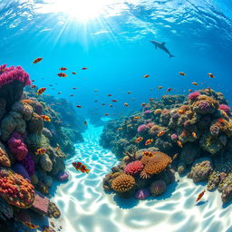 A vibrant underwater scene featuring a diverse coral reef teeming with colorful fish, such as clownfish, angelfish, and butterflyfish, swimming gracefully around the corals