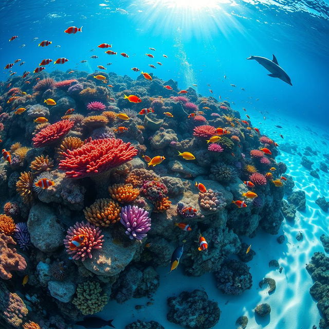 A vibrant underwater scene featuring a diverse coral reef teeming with colorful fish, such as clownfish, angelfish, and butterflyfish, swimming gracefully around the corals