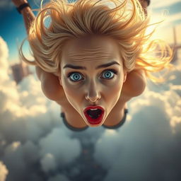 A sexy blonde woman with striking blue eyes and vibrant red lips, captured in mid-fall from the sky, her hair flowing beautifully around her